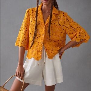 Maeve Anthropologie Orange Boxy 3/4 Sleeve Button Down